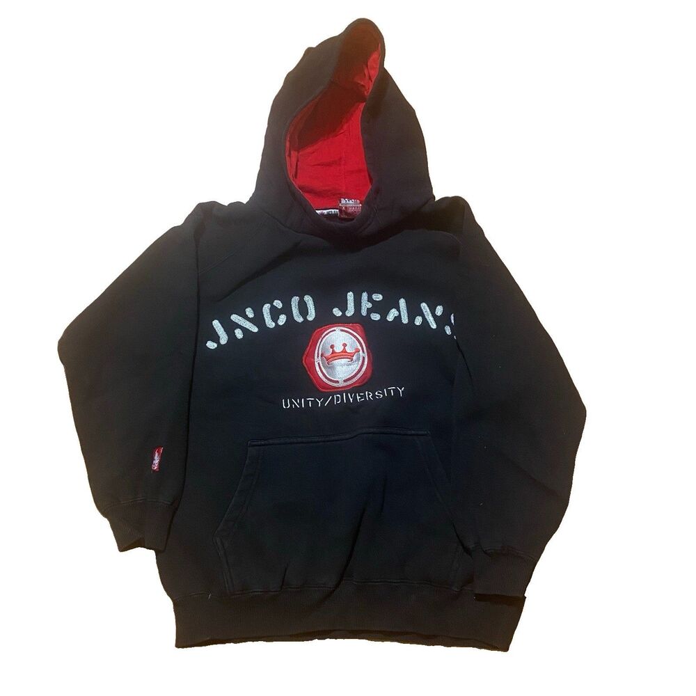 Vtg Y2K JNCO Jeans Hoodie Unity Diversity XL Black Red Embroidered Pullover RARE